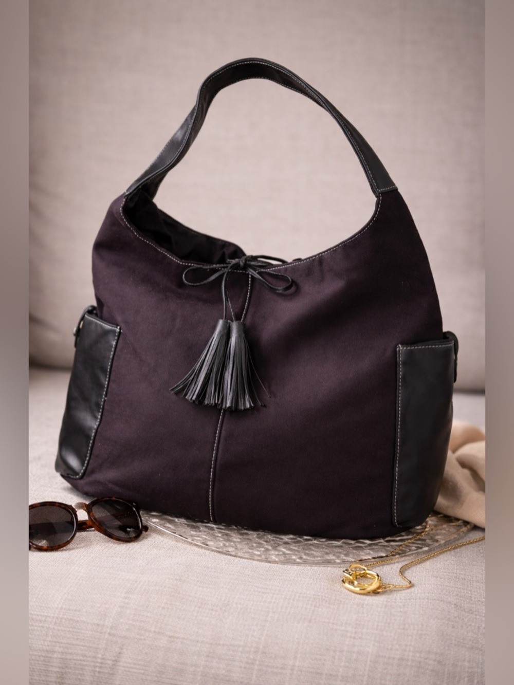 Givenchy Parfums Black Canvas & Leather Hobo Tote Bag Tassel Large Purse • Rare - Picture 4 of 16